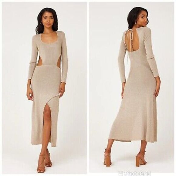 NWT MISA Los Angeles Beige Gold Metallic Midi Cut Out Waist Sweater Knit Dress M - Picture 1 of 7